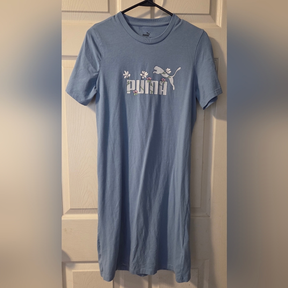 PUMA Size L Blue Gray Short Sleeve Pull Over Casual T-shirt Dress Crew Neck